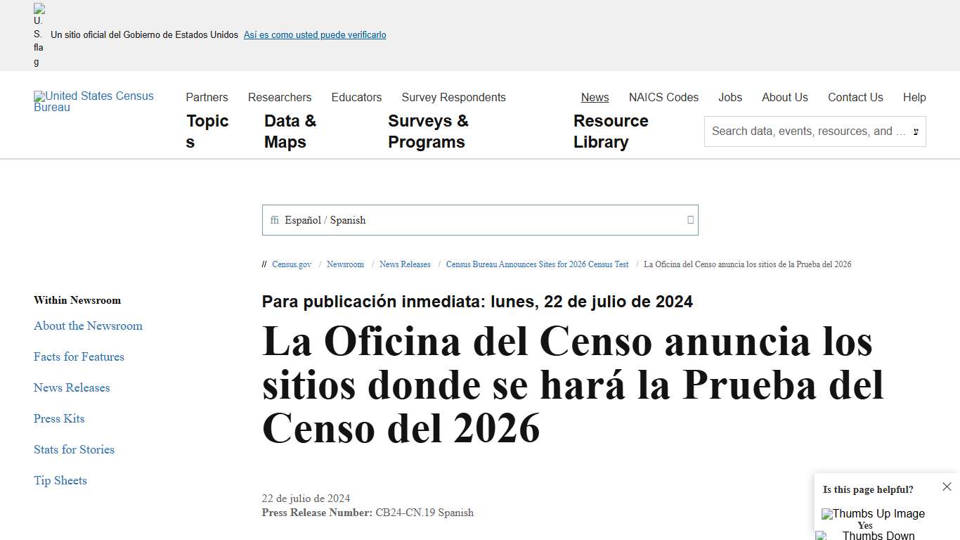 La Oficina del Censo anuncia los sitios de la Prueba del 2026